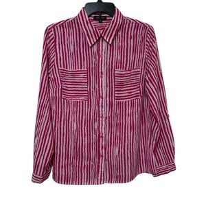 Notations Hot Pink & Light Pink Distressed Stripe Roll-Tab Button Down Shirt